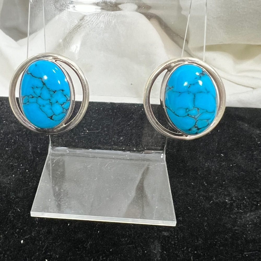 Turquoise And Sterling Silver 925 Signed Earrings Vintage In Amazing C